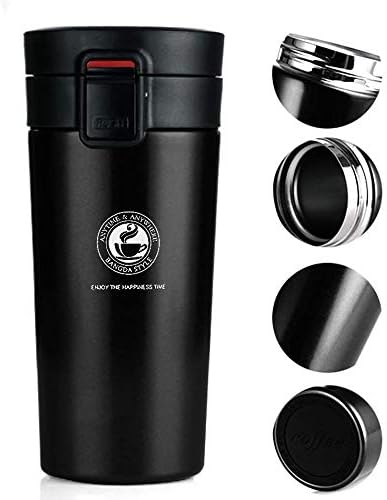 Vacuum cup 350 ml travel coffee mug black thermal cup wide mouth tumbler with leak proof lid